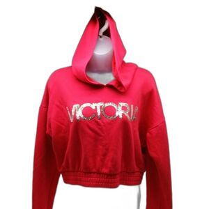 Victoria's Secrets Sport  Rare Crop Hoodie Sparkle Sequined Front Women's L. Red